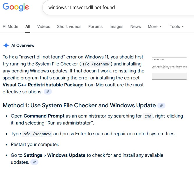 msvcrt.dll not found
